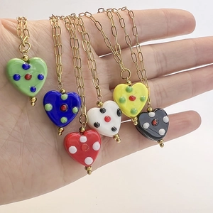 Colorful glass heart pendant necklaces in six colors with gold stainless steel chains