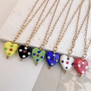 Heart Pendant Necklace Stainless Steel Paperclip Chain Glazed Glass Polka Dot Design Colorful Jewelry For Women