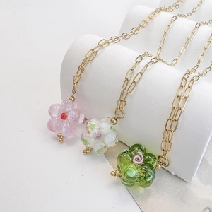 Colorful Flower Pendant Necklace Stainless Steel Lampwork Floral Clavicle Chain Sweet Fresh Style Jewelry For Women