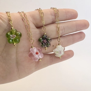Colorful handmade glass flower pendant necklace with gold paperclip stainless steel chain