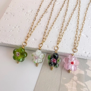 Colorful glass flower pendant necklaces in stainless steel with gold link chains