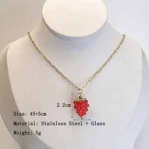 French vintage stainless steel necklace with a red glass raspberry fruit pendant