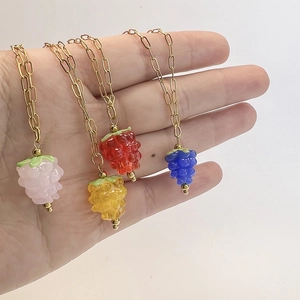 French vintage stainless steel necklace with colorful glass raspberry pendants for women
