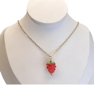 French vintage stainless steel necklace with realistic red glass raspberry pendant