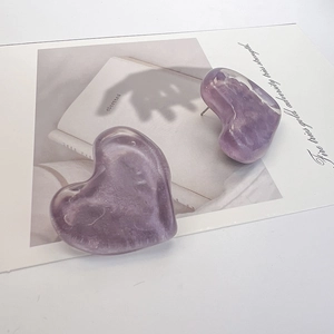 Sweet purple heart stud earrings with shimmering wavy texture and stainless steel pins