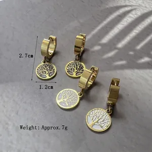 Golden Tree of Life drop earrings in stainless steel with white oil drip finish