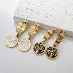 Tree Of Life Hoop Earrings Stainless Steel Gold Plated Round Enamel Dangle Drop Jewelry For Women Elegant Fashionable