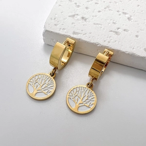Golden stainless steel tree of life drop earrings with circular cutout design