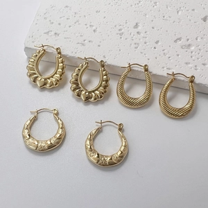 Boucles D'oreilles Créoles Rétro Françaises En Acier Inoxydable Pour Femmes Croissant Texture Nervurée Coeur Géométrique