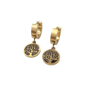 Golden Tree of Life hoop earrings with black enamel detail in a minimalist French style