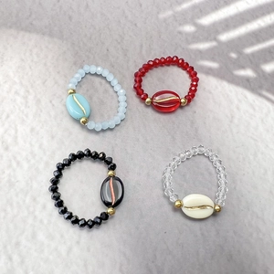 Elegant Glass Beaded Elastic Rings For Women Coffee Bean Resin Charm Faceted Beads Minimalist Fashion Jewelry