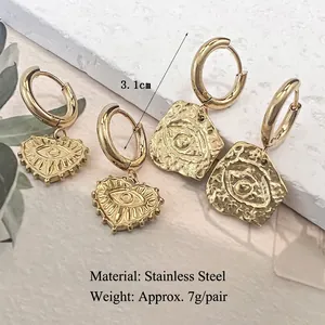 Pendientes de acero inoxidable dorado con colgante de ojo y corazón, de 3,1 cm de largo
