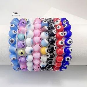 Colorful 8mm evil eye glass bead elastic bracelets in multiple vibrant colors for women