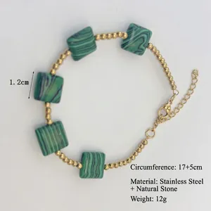 Bohemian gold stainless steel beaded bracelet with square green natural malachite stones