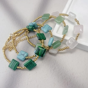 Bohemian Natural Stone Stainless Steel Beaded Bracelet For Women Vintage Square Geometric Adjustable Gold Plated Jewelry
