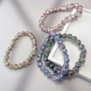 Bracelet En Perles De Verre Fait Main Avec Motifs De Roses Et Feuilles D'or Style Pastoral Français Bijoux Élastiques
