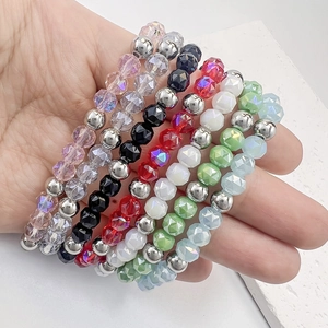 Set of colorful faceted crystal beaded bracelets with 6mm stainless steel accents