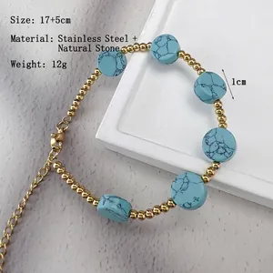 Bracelet en perles d'acier inoxydable plaqué or 18K avec pierres naturelles turquoise