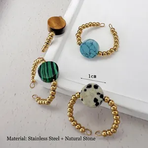 18K gold plated stainless steel open rings with 1cm natural stone beads for women