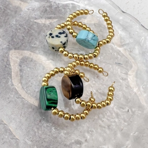 18K gold-plated C-shaped beaded rings with natural stone centers in bohemian style