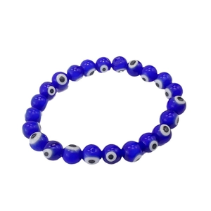 Blue evil eye beaded bracelet with elastic cord and colorful glass resin amulets