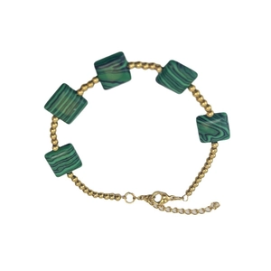 Bohemian gold stainless steel beaded bracelet featuring five square green malachite stones