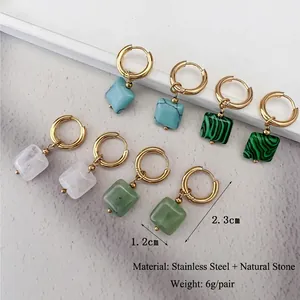 Square natural stone charms on 18K gold plated stainless steel hoop earrings set