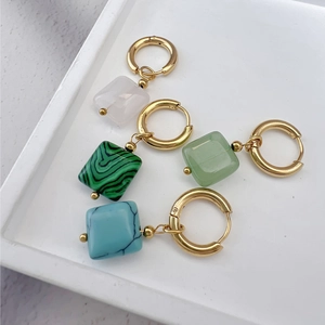 Stainless Steel Hoop Earrings With Square Stone 18K Gold Plated Geometric Dangle Earrings For Women Vintage Jewelry