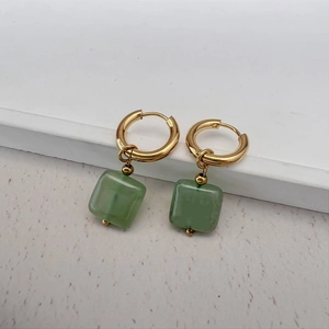 18K gold plated stainless steel hoop earrings with green square stone pendants