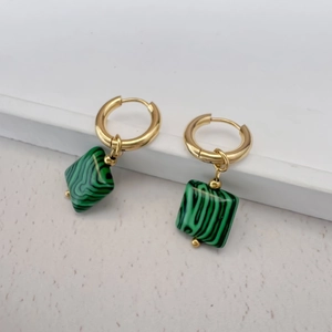 18K gold plated stainless steel hoop earrings with square green malachite stone pendants