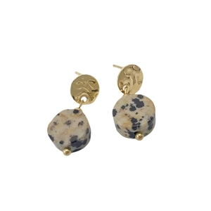 Minimalist natural stone drop earrings with textured gold metal and speckled marble dangles