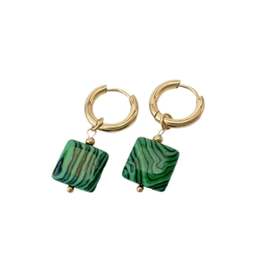 18K gold plated stainless steel drop earrings with square green malachite pendants