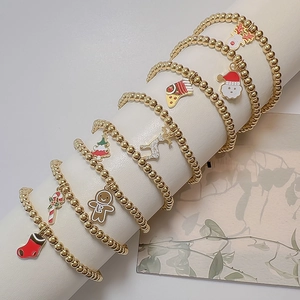 Christmas Santa Elk Beaded Bracelet Stainless Steel Elastic Round Beads Holiday Enamel Charm Jewelry For Women