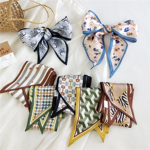 Femme Élégant Foulard Long Étroit Imitation Satin Bandeau Cheveux Cravate Chic Imprimé Rubans Accessoire Poignée Sac À Main