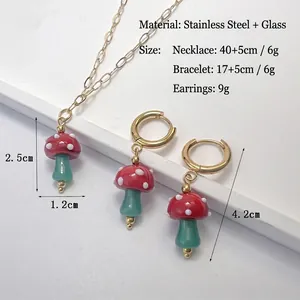 Colorful mushroom jewelry set in stainless steel and glazed glass with necklace and earrings