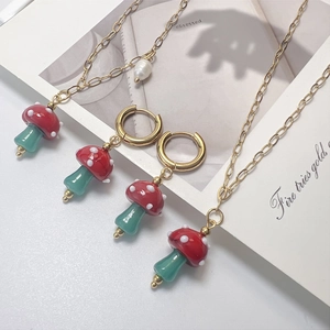 Stainless Steel Mushroom Jewelry Set With Glazed Glass Pendant Artificial Pearl Necklace Bracelet And Hoop Earrings Cute Fairy Style