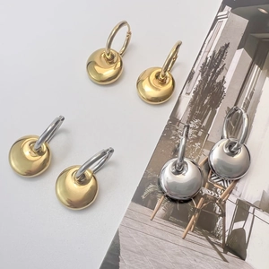 Stainless Steel Round Drop Hoop Earrings Mirror Polished Geometric Disc Minimalist Fashion Jewelry For Women