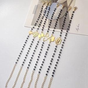 Bohemian Beaded Bracelet Stainless Steel Black Faceted Beads Heart Crown Leaf Angel Charm Adjustable Fashion Jewelry Women