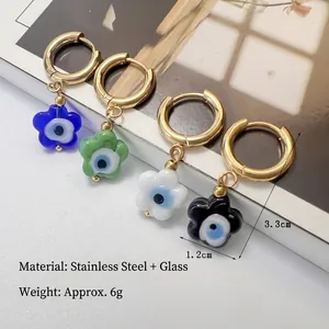 Gold stainless steel hoop earrings with evil eye flower glass charms in four colors