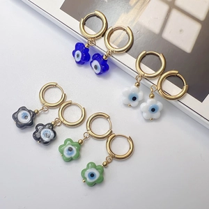 Stainless Steel Huggie Hoop Earrings Flower Evil Eye Pendant Gold Plated Bohemian Jewelry For Women