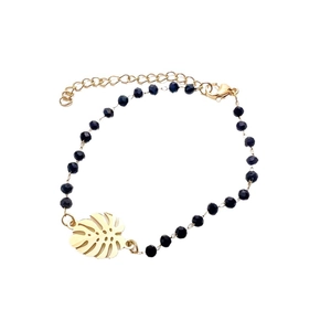 Bohemian stainless steel bracelet with black faceted beads and monstera leaf charm