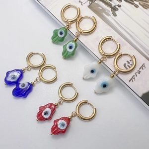 Boucles D'oreilles Créoles En Acier Inoxydable Avec Pendentifs Main De Hamsa Mauvais Œil En Verre Bijoux Bohèmes