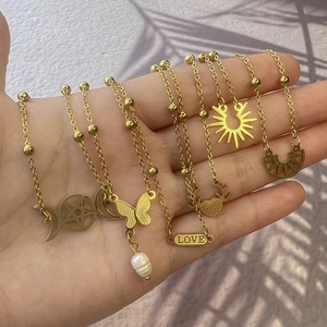 Collana Con Ciondolo In Acciaio Inossidabile Placcato Oro Donne Farfalla Perla Artificial Luna Stella Amore Cuore Sole Gioielli