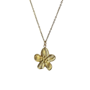 Vintage gold floral pendant necklace in brushed stainless steel with detailed flower petals