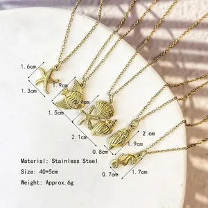 Gold stainless steel starfish and shell pendant necklaces with a 40+5cm chain length