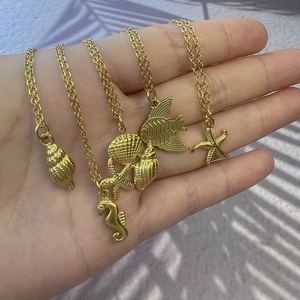 Ocean Theme Pendant Necklace Gold Plated Stainless Steel Seahorse Starfish Shell Fish Beach Jewelry For Women