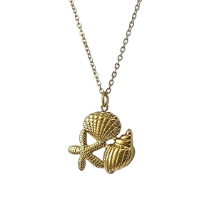 Gold stainless steel ocean necklace with shell starfish and conch shell charms