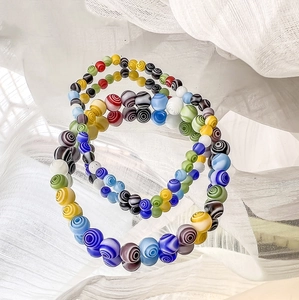 Buntes Lampwork Glas Perlenarmband Spirale Textur Handgefertigt Runde Perle Elastisches Armband Mode Schmuck Unisex