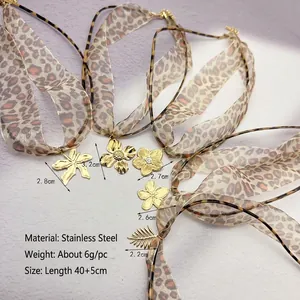 Sexy leopard print cord necklace with gold stainless steel flower pendant jewelry