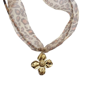 Sexy leopard print cord necklace with 3D metallic gold flower pendant jewelry